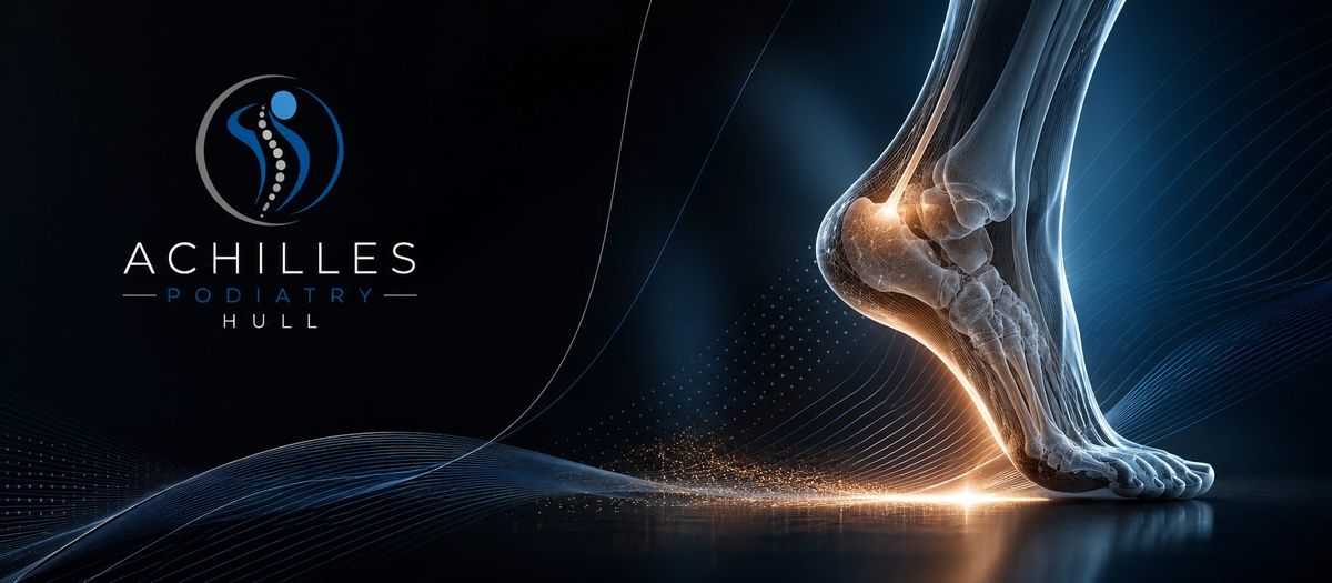 Achilles Podiatry Hull logo beside an illustration of the bones of the foot and ankle