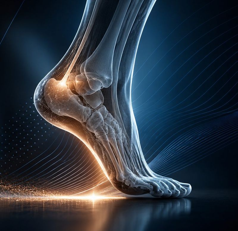 Illustration of the bones of the foot and ankle, with the heel and Achilles area highlighted
